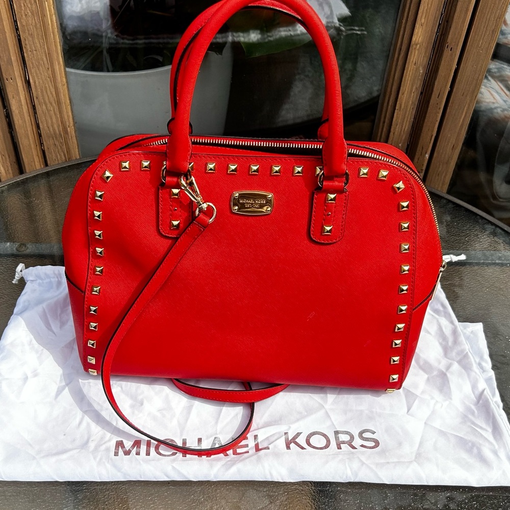 Michael Kors Bright Red Studded Satchel with Gold Hardware
